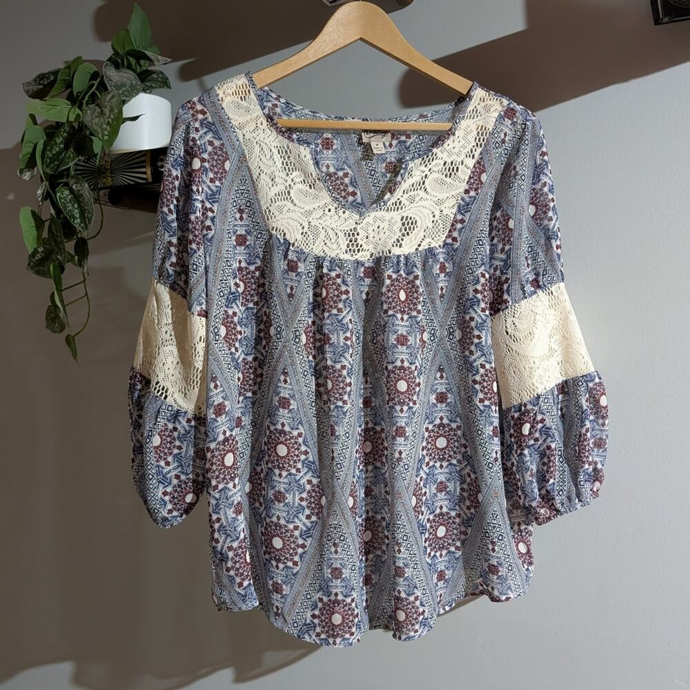 Como Vintage | Lace Inset Boho Patterned Cinched Sleeve Blouse | Medium